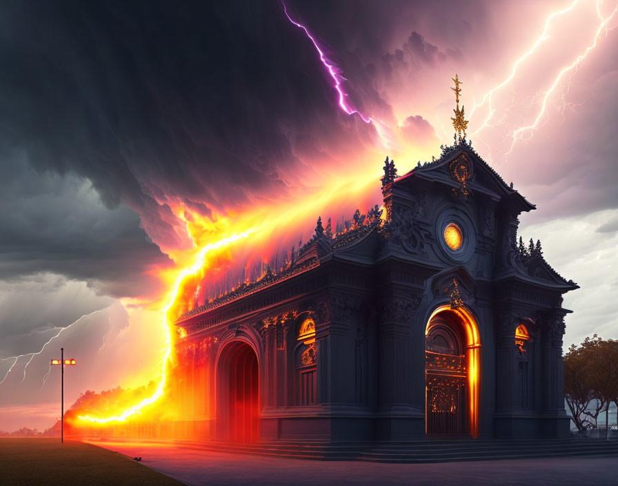 Ornate building with glowing windows struck by lightning in fiery storm