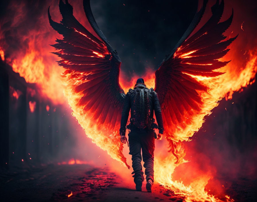 Person with Large Fiery Wings Walking Through Smoky Corridor