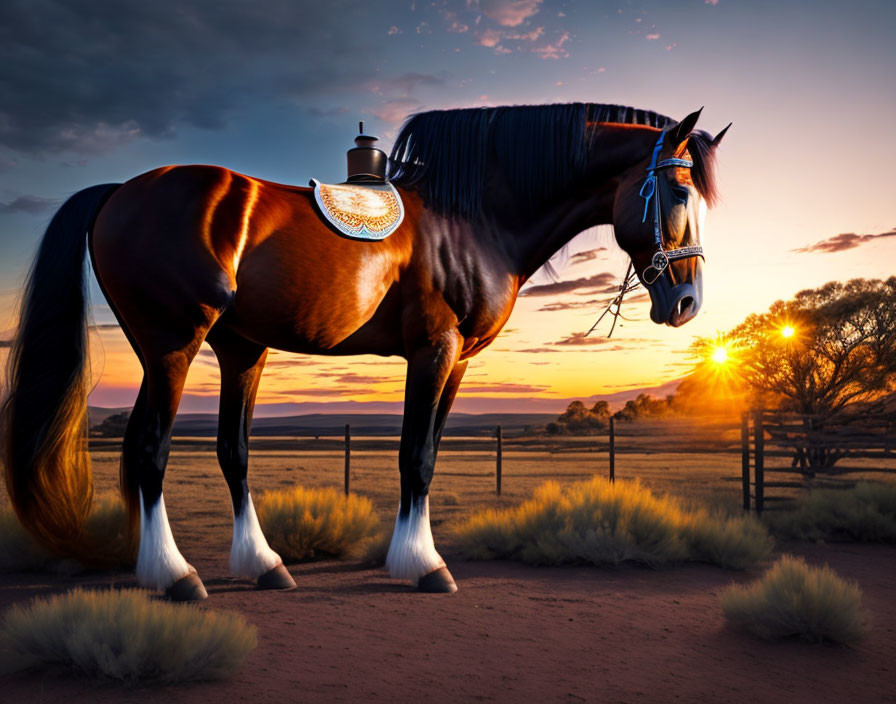 Majestic horse with saddle in field at sunset