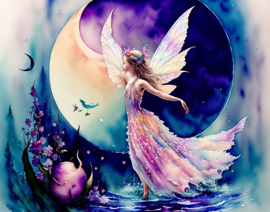 Whimsical fairy art with translucent wings and sparkling gown against moon, stars, and blossoms.