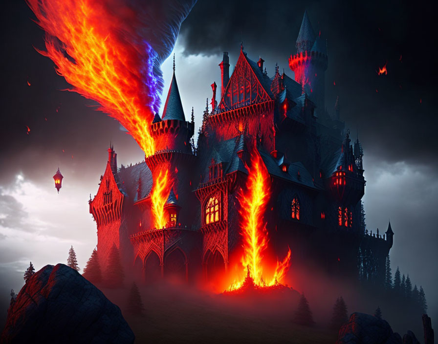 Gothic castle at night with fiery lava under dark sky