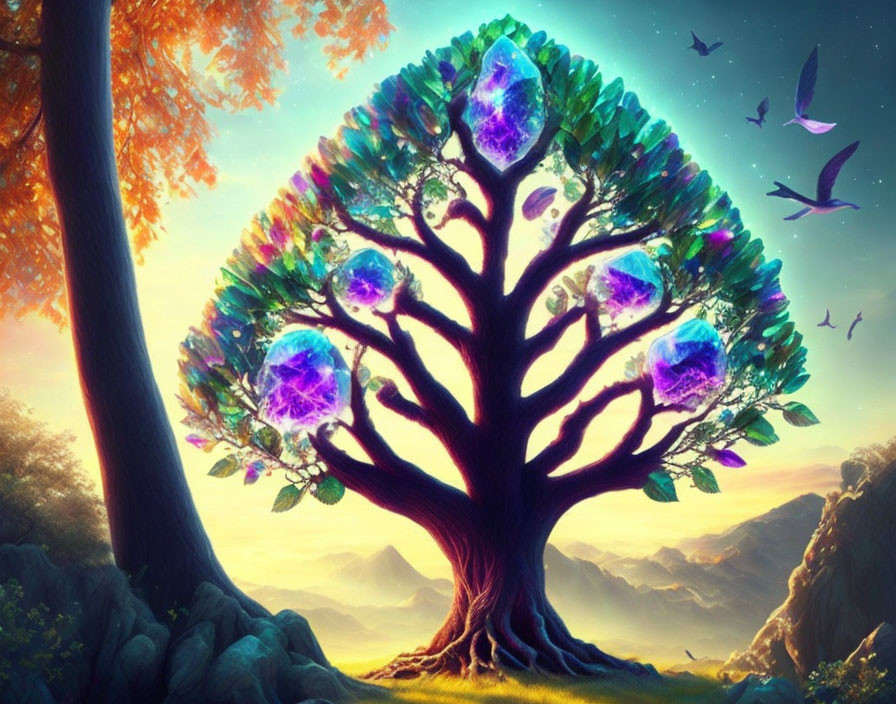 Fantasy tree with multicolored leaves and glowing crystals, birds in serene sky