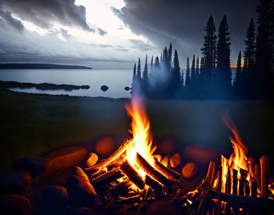 Tranquil lakeside dusk scene with campfire, rocks, and pine tree silhouettes