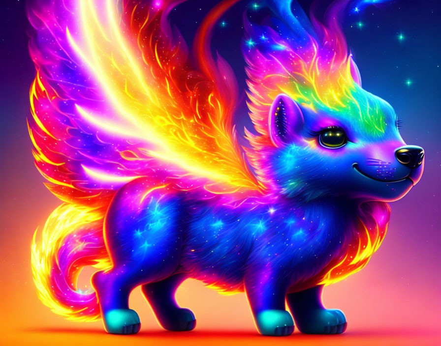 Multicolored mythical canine with fiery galaxy mane