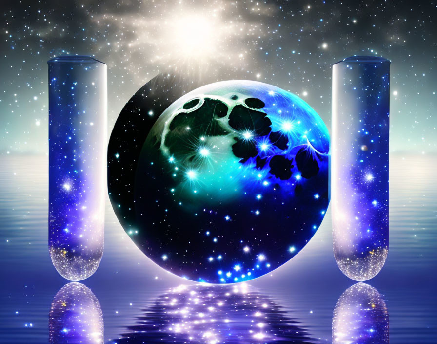 Surreal image: Glowing pillars, celestial sphere, water reflection