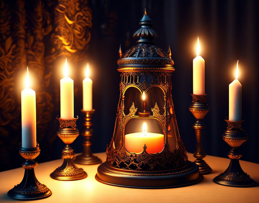 Intricate lantern and burning candles on patterned drapery