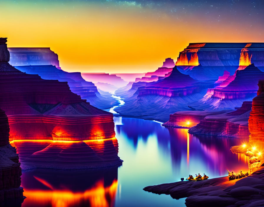 Scenic sunset over canyon with terraced cliffs and group of people by river