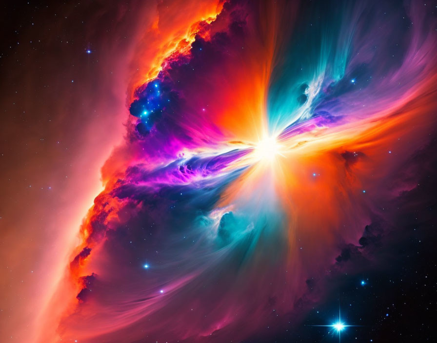 Colorful Cosmic Scene with Starburst Center and Nebulous Clouds