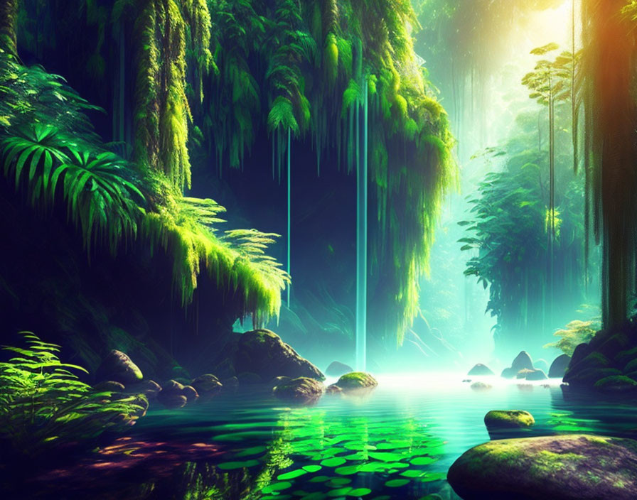 Tranquil river in lush green forest with hanging vines