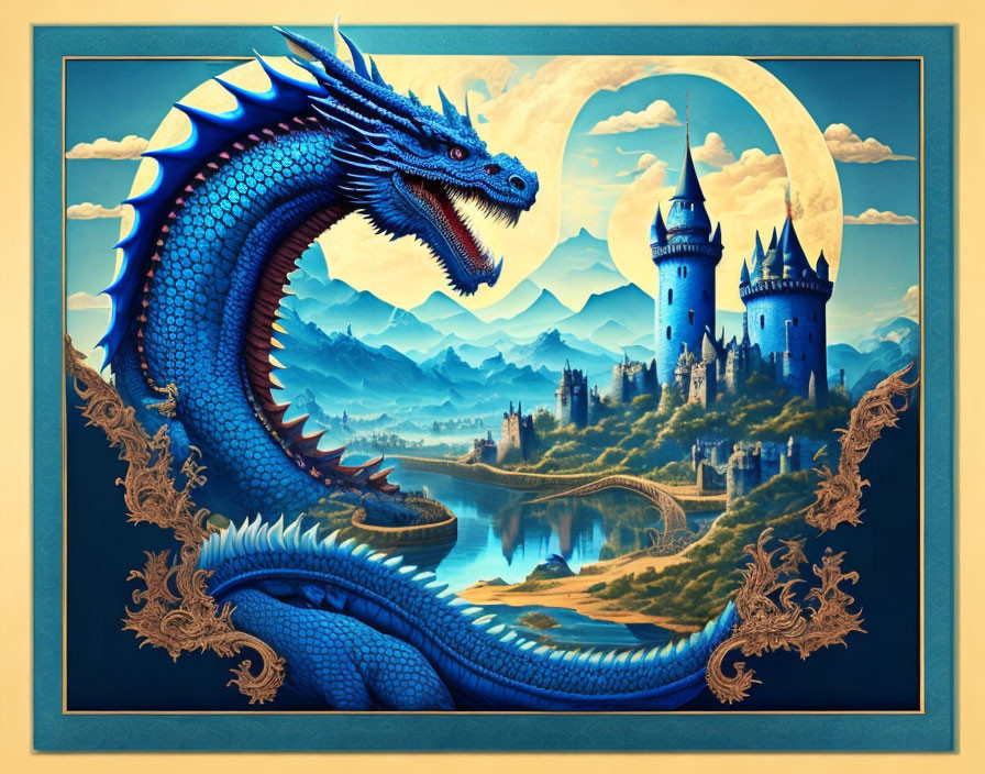 Blue dragon coiled around ornate frame with fantastical landscape featuring castle, bridge, and mountains under