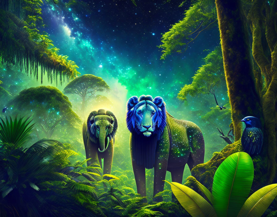 Digital Art: Cosmic Elephant and Lion in Mystical Forest