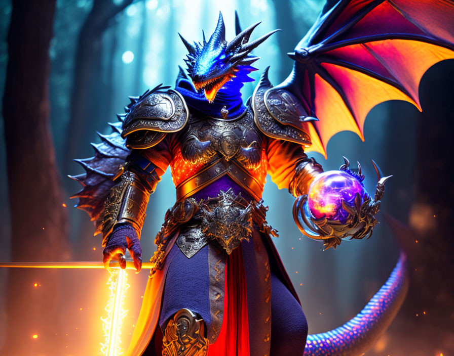 Dragon-headed warrior in ornate armor wields glowing sword and magical orb in mystical forest