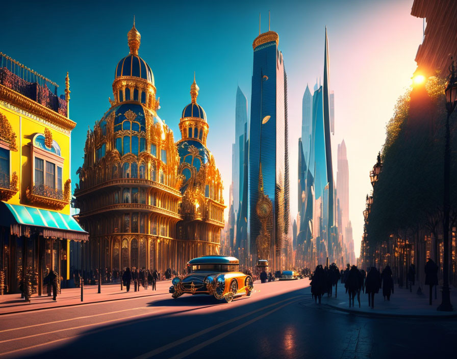 Golden ornate building with domes in cityscape at sunset with modern skyscrapers, people,