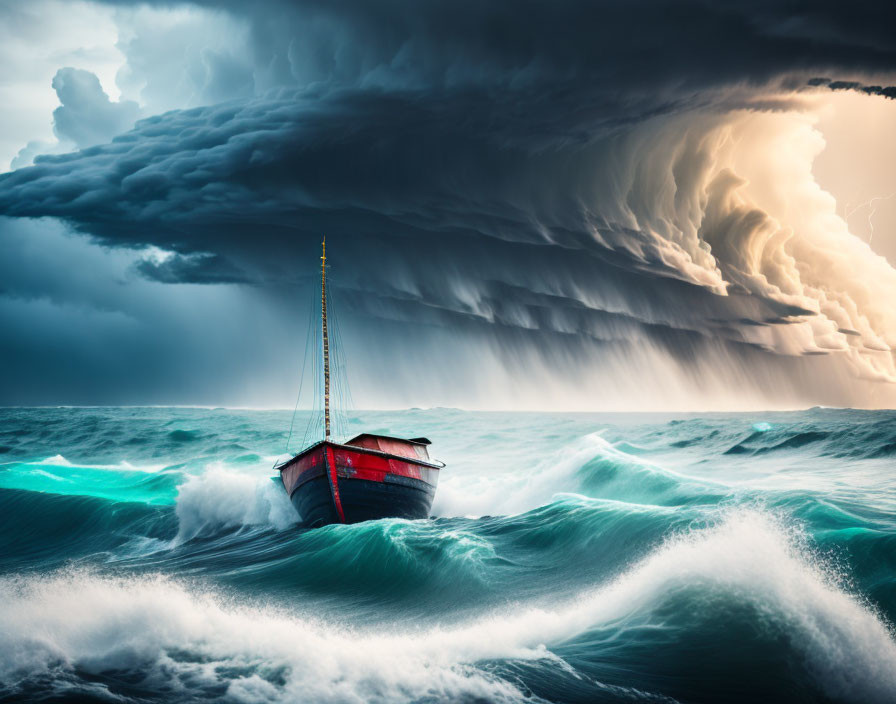 Red boat in stormy sea under dramatic sky