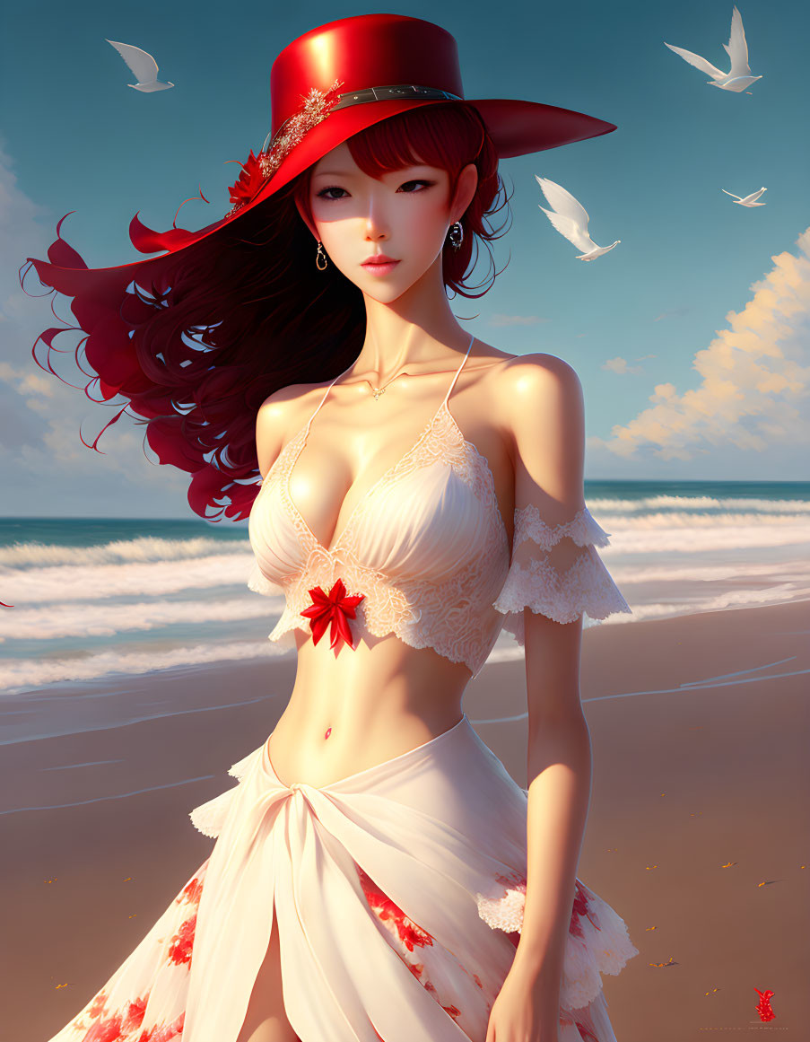 Red-Haired Female Character with Hat on Beach, Birds Flying - Illustration