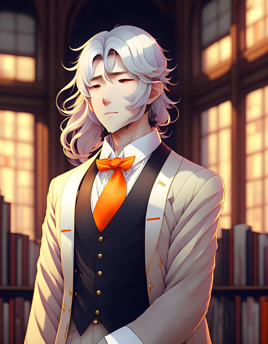 Silver-haired character in formal attire in sunlit library