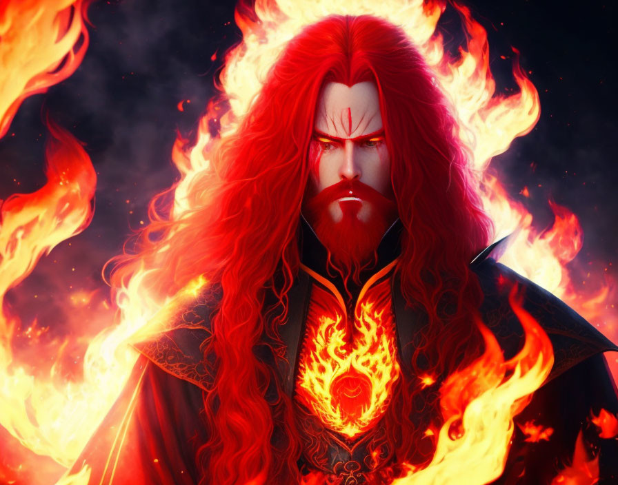 Illustration of man with fiery red hair and beard engulfed in flames