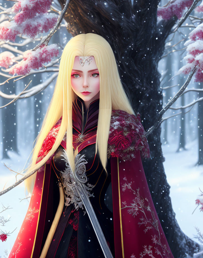 Fantasy female character with long blonde hair in snowy forest