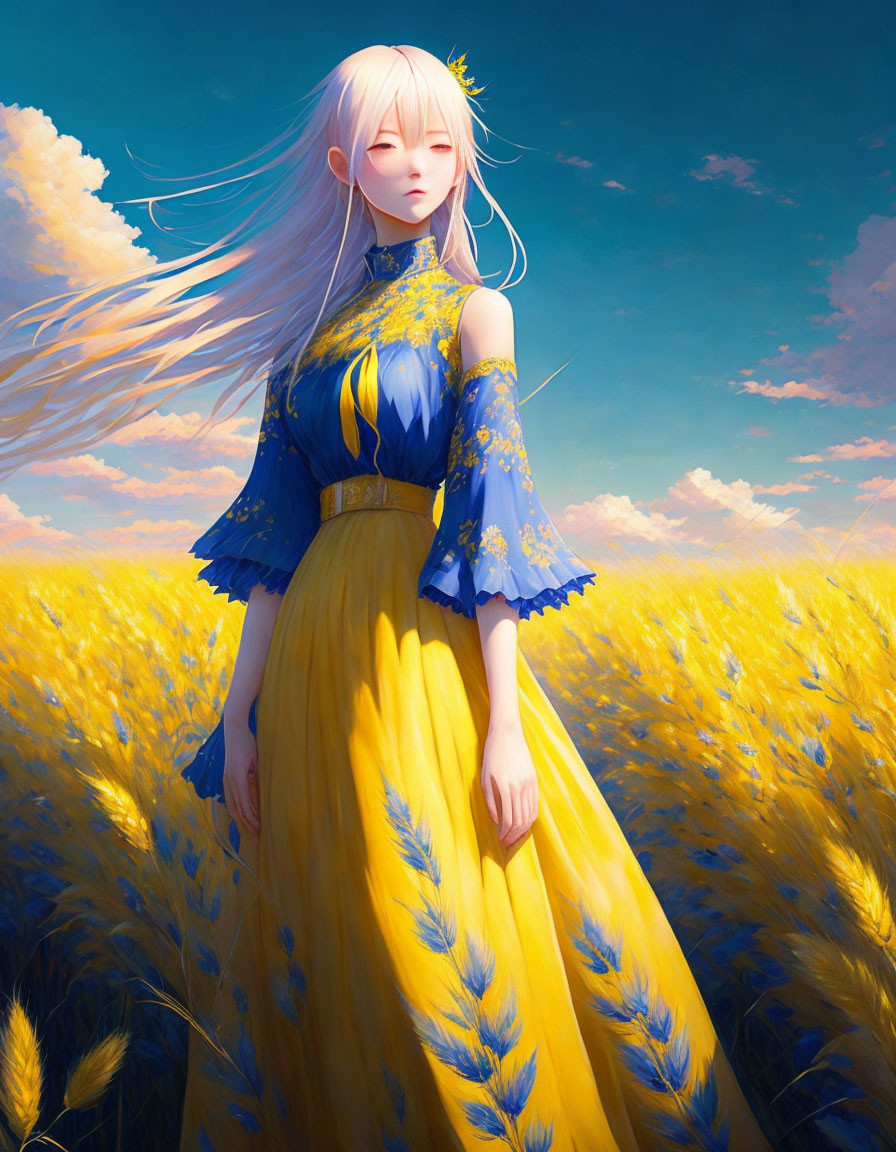 Woman with Long White Hair in Yellow and Blue Dress in Wheat Field