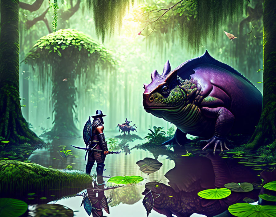 Knight confronts purple creature in mystical forest scene