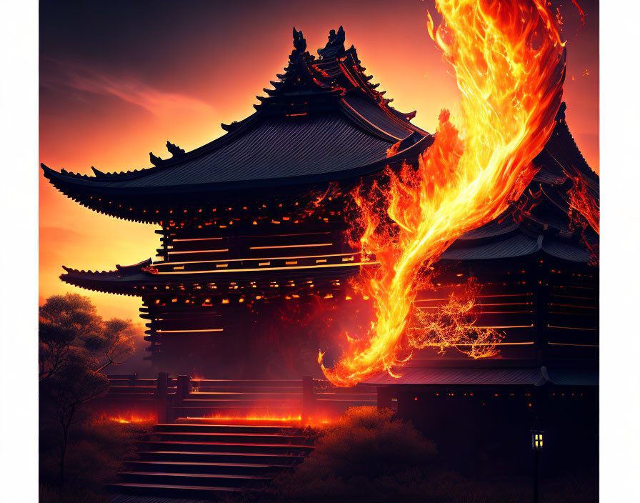 Japanese Temple at Dusk with Fiery Sky and Dragon