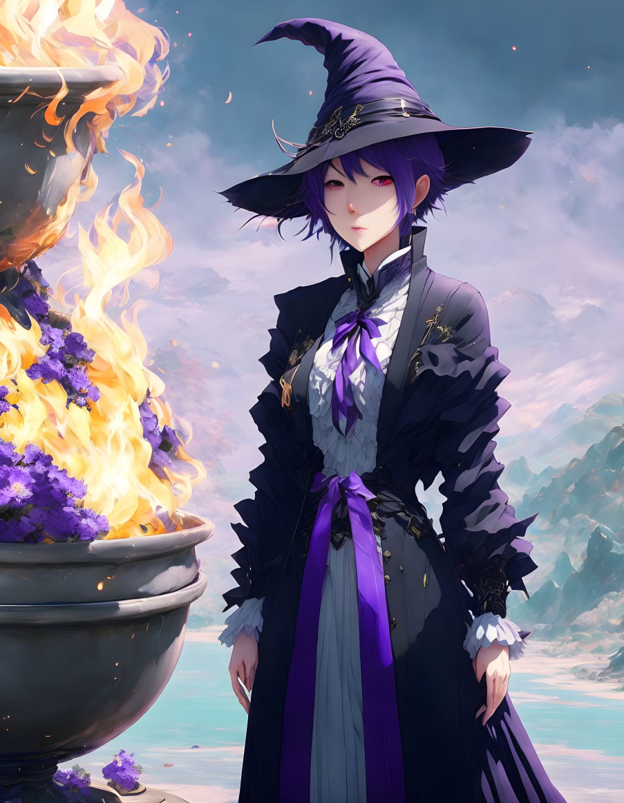 Purple-haired anime-style witch in black and purple outfit beside cauldron