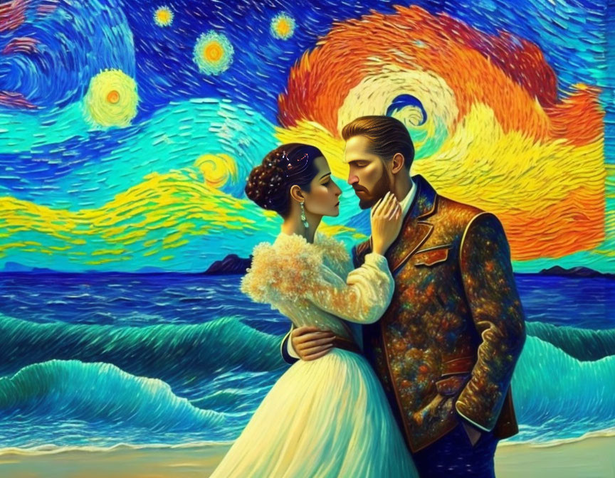 Embracing couple in Van Gogh-inspired swirling stars and waves