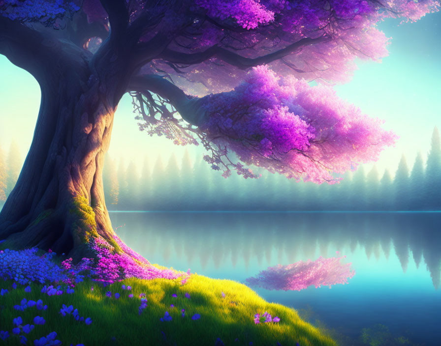 Tranquil landscape: purple tree by calm lake, reflecting forest and vibrant flora in golden light