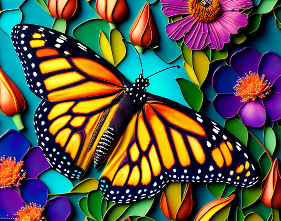 Colorful Monarch Butterfly Illustration with Detailed Wings and Floral Background