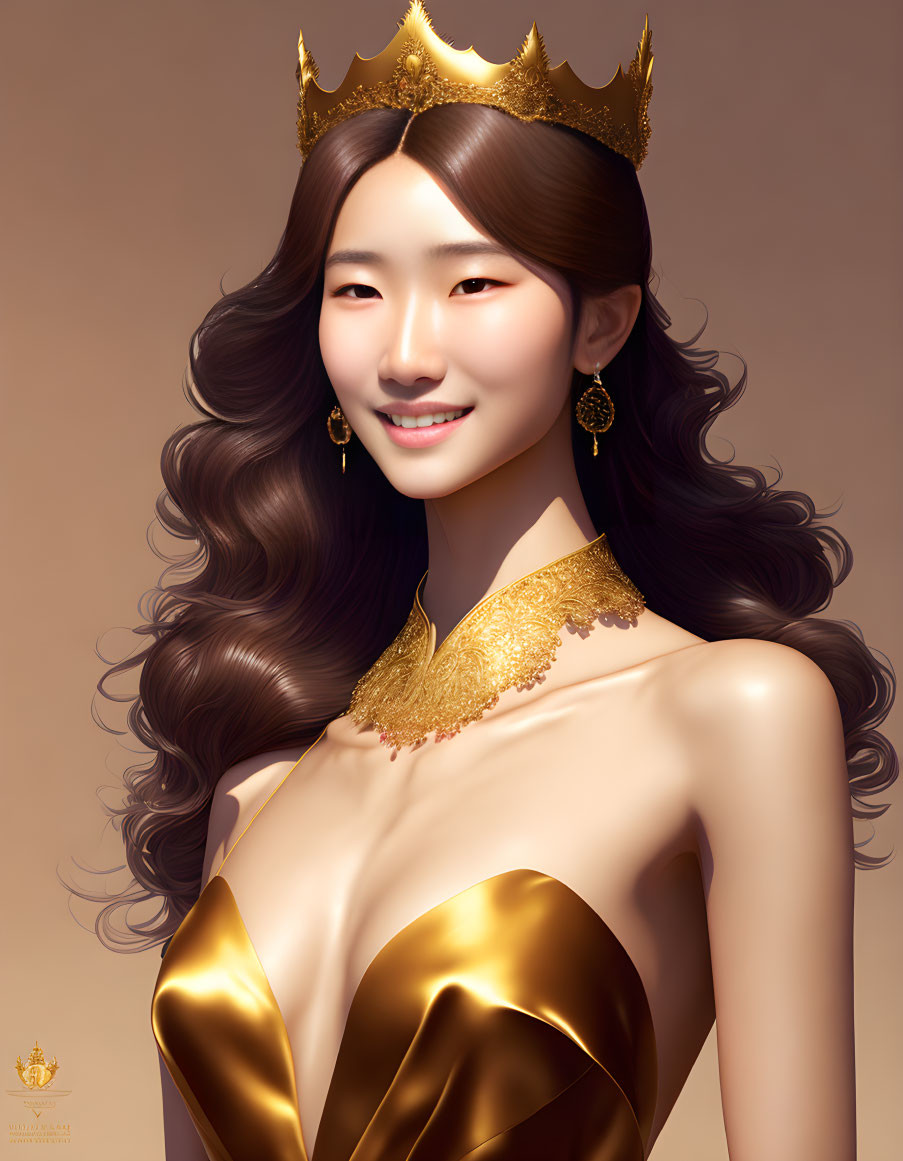 Digital artwork: Woman with warm smile, golden crown and earrings, gold-accented top on beige