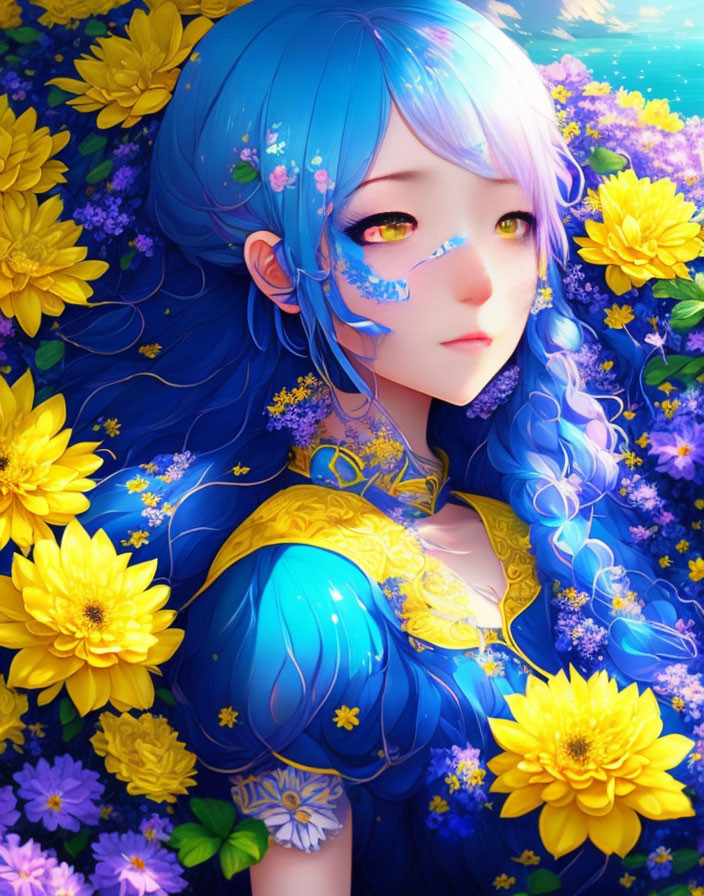 Colorful illustration: Person with blue hair and floral motifs among yellow flowers