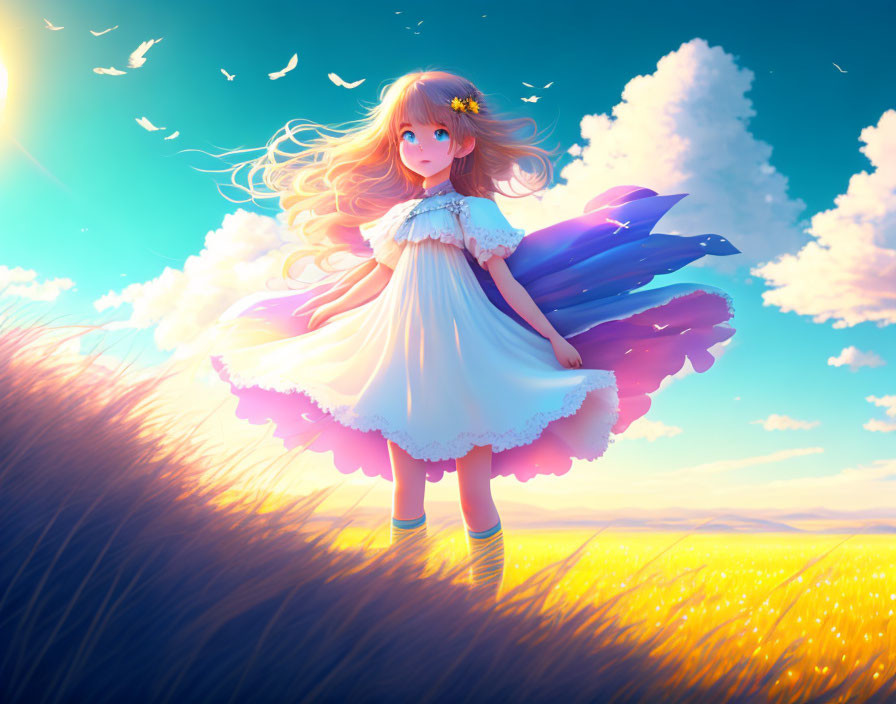 Illustration of girl with wings in golden field under blue skies