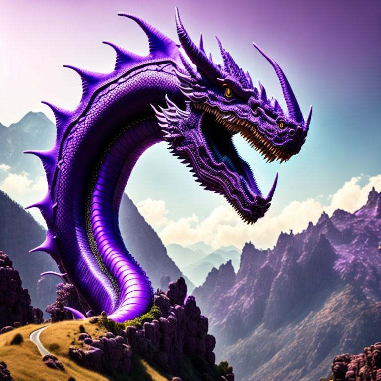 Purple Three-Headed Dragon on Mountain Path