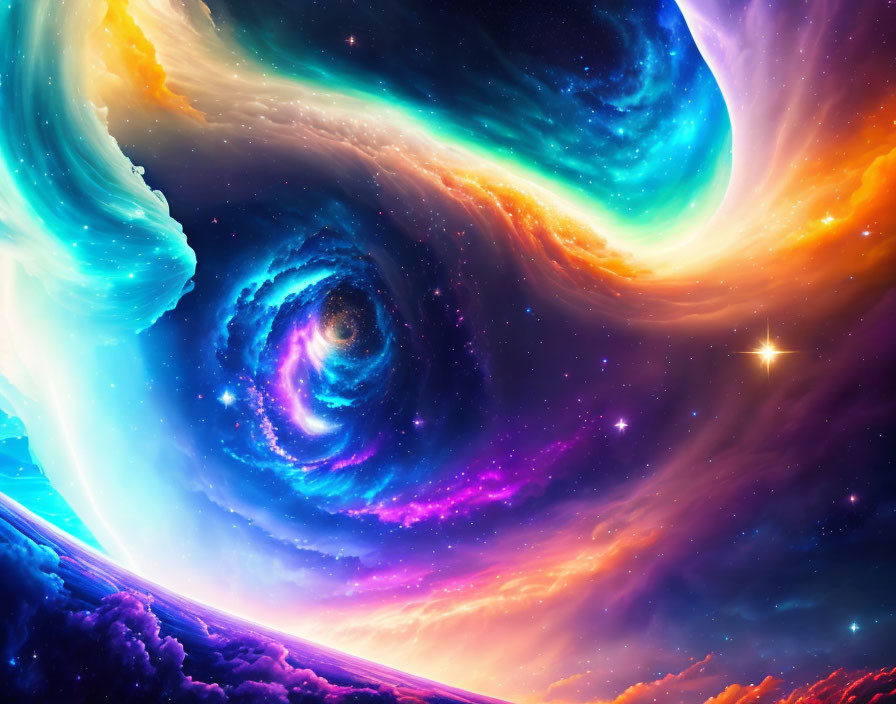 Colorful cosmic digital artwork with galaxies, nebulae, and stars.