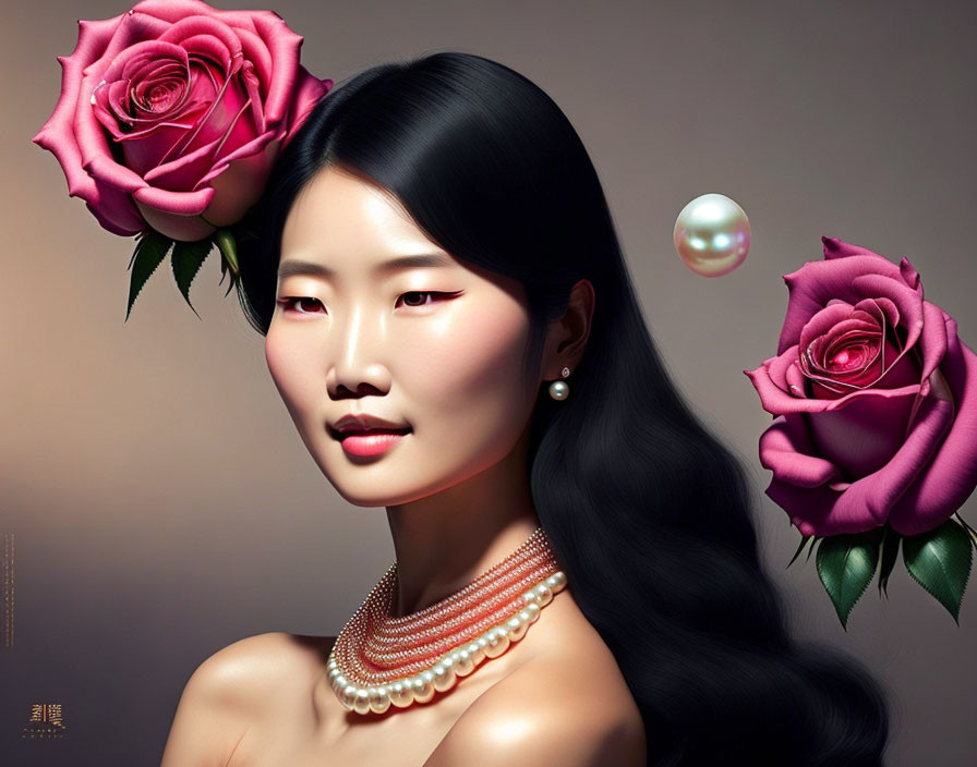 Asian woman with black hair, pearls, and roses on warm backdrop