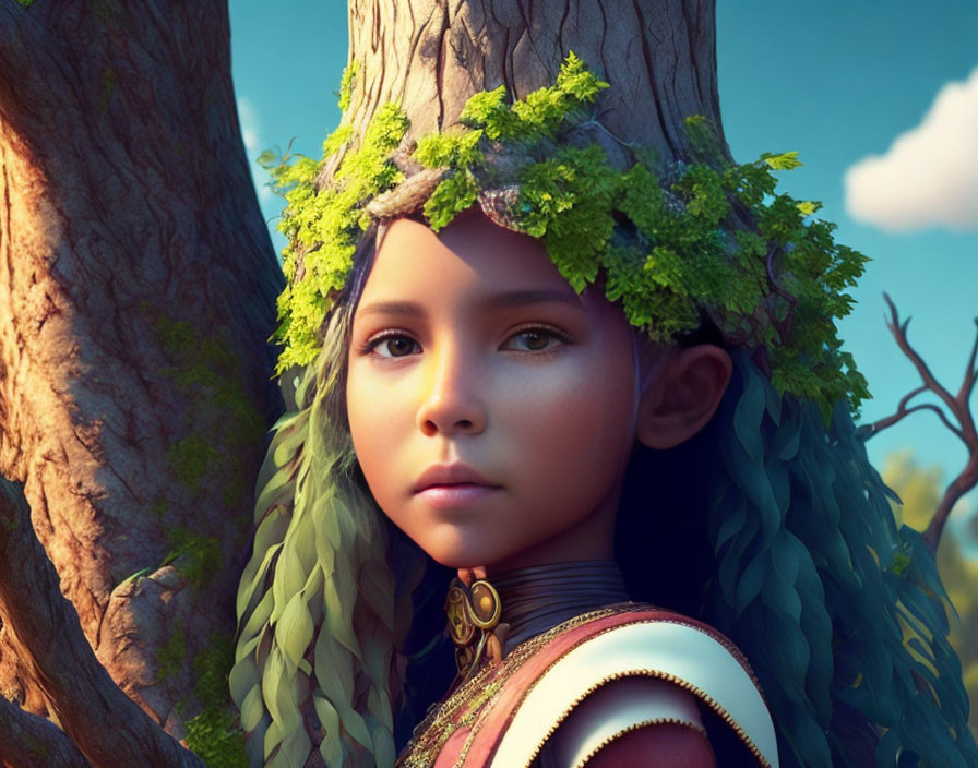 Fantasy character with pointed ears and leafy hair in forest setting