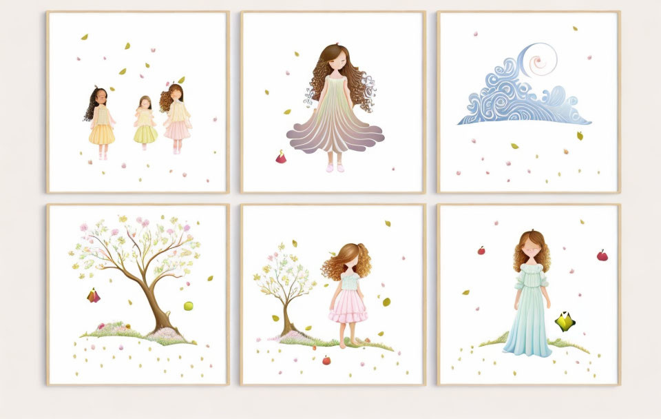 Collection of Framed Illustrations: Girl in Dresses with Nature Elements
