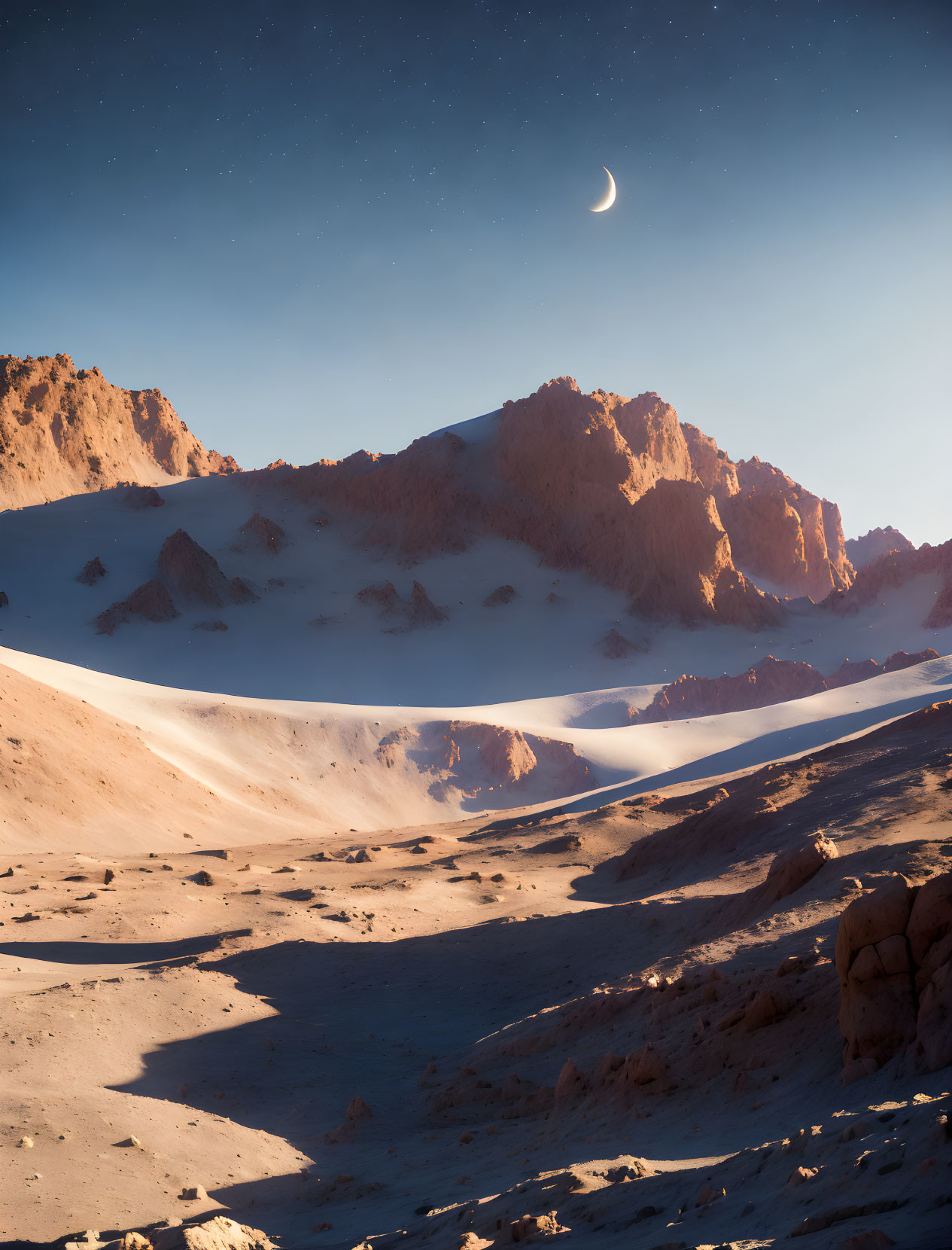 Desert landscape at twilight with crescent moon and starlit sky