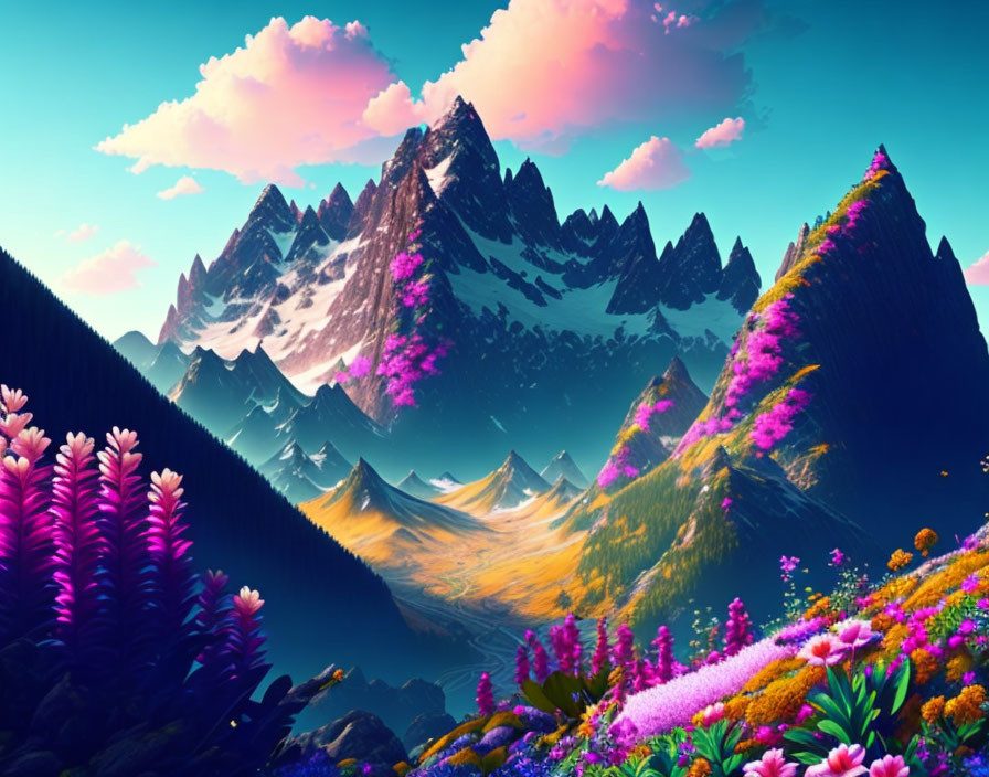 Majestic mountains and colorful flora in vibrant digital landscape