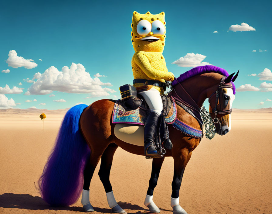 Person with SpongeBob head riding horse in desert with dandelion.