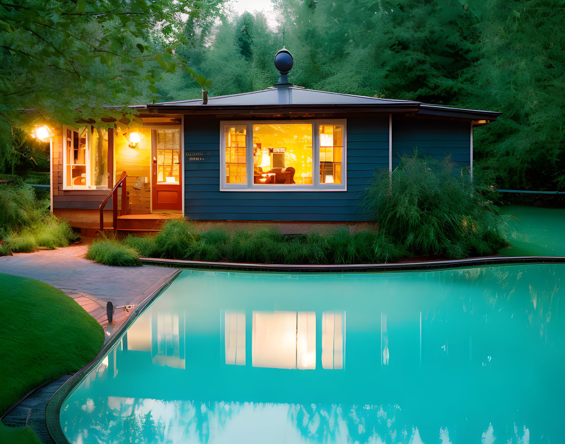 Twilight scene: Cozy blue house with illuminated windows by serene pool.