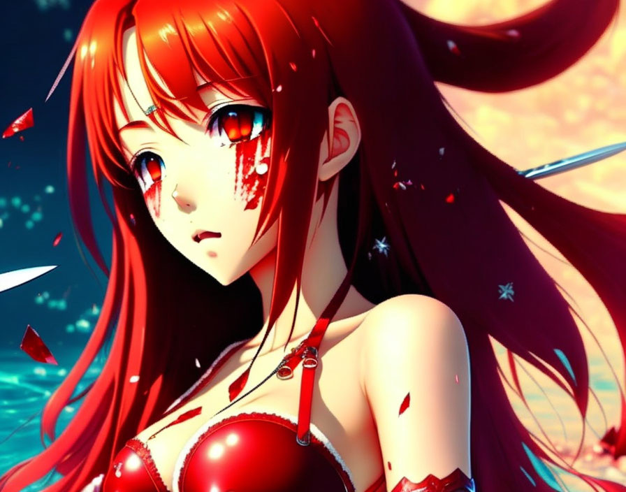 Red-haired anime girl with tears in cosmic scene