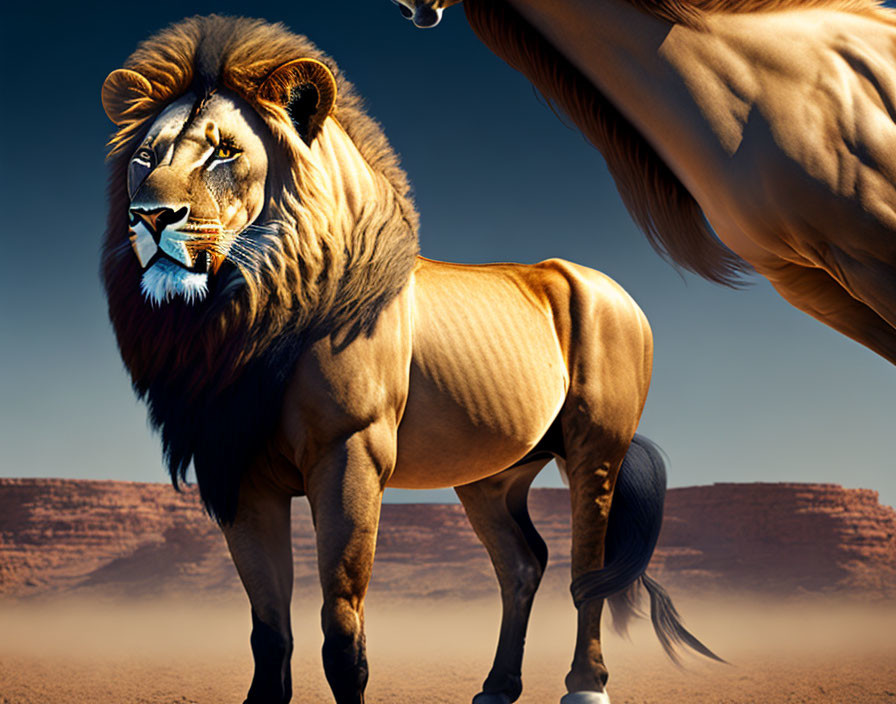 Majestic lion with strong mane in desert setting