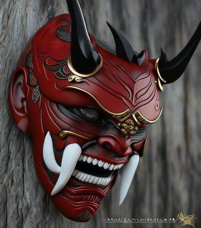 Red and Black Oni Mask with Horns and Gold Details on Wooden Surface