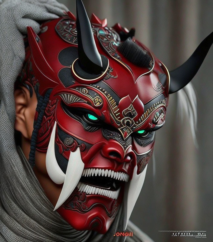 Detailed Red and Black Oni Mask with Horns, Fangs, and Glowing Eyes on Face