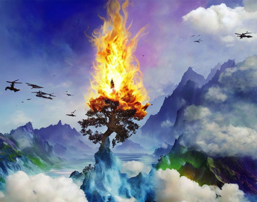 Fantastical flaming tree in misty mountain landscape