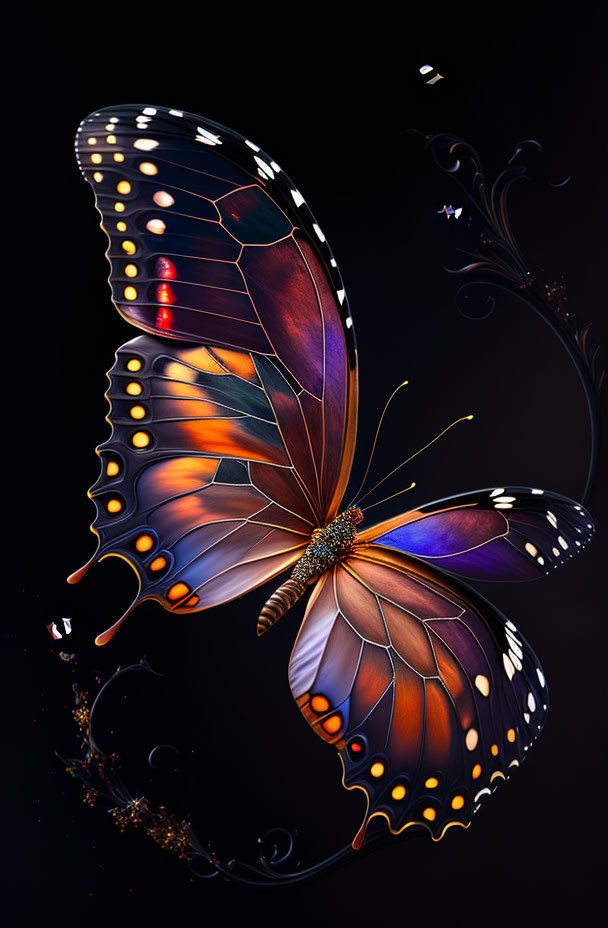 Colorful Butterfly Artwork with Illuminated Wings on Dark Background