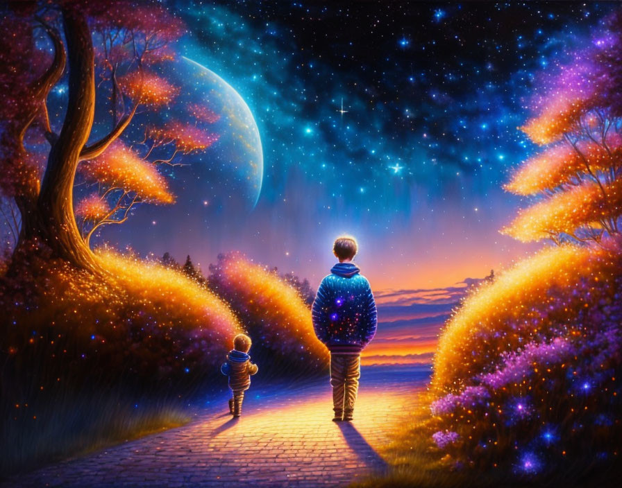 Person and child walking under starry sky with large moon and glowing trees.