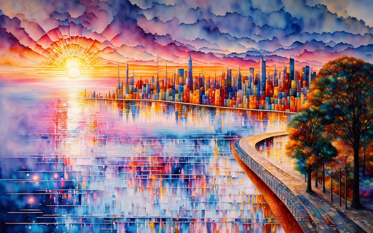 Colorful coastal cityscape painting at sunset with curved bridge and reflective water.