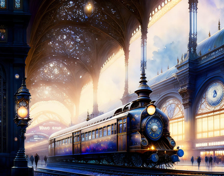 Vintage Train Station with Illuminated Steam Train and Grand Clocks